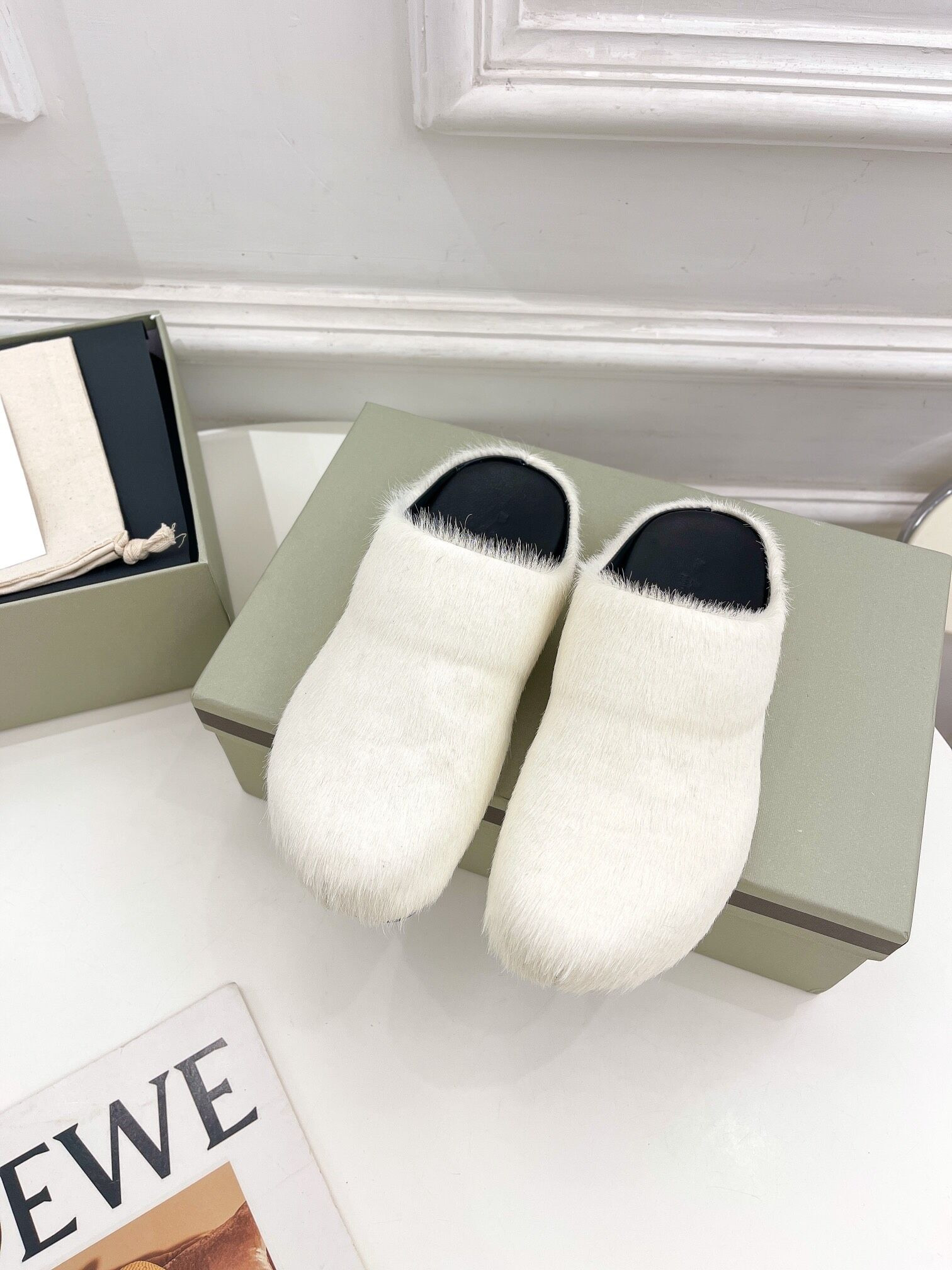marni textured calf hair clog slippers-white
